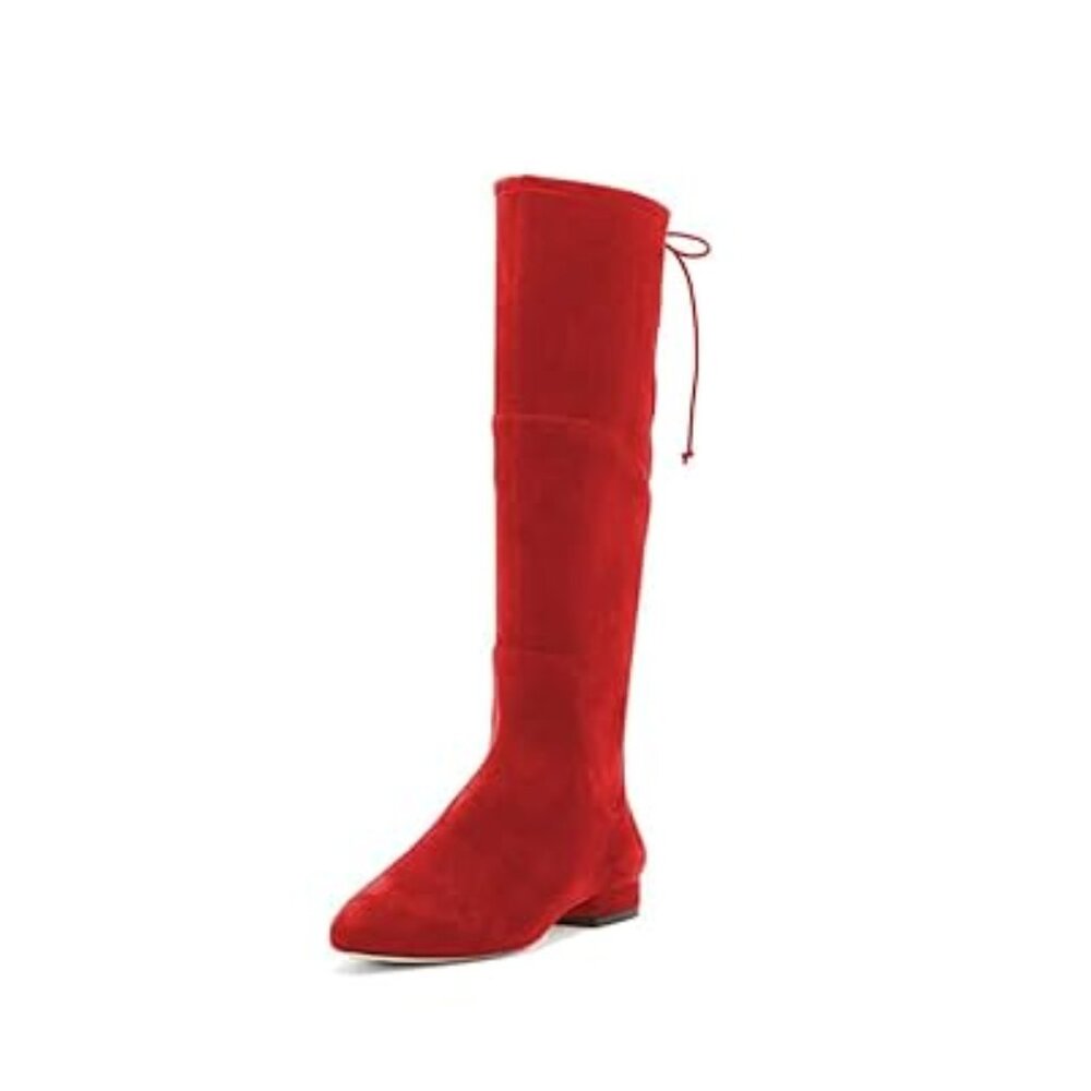 Red Women Sexy Closed Toe Mid Calf Boots Lace Up Under The Knee High Low Heel
